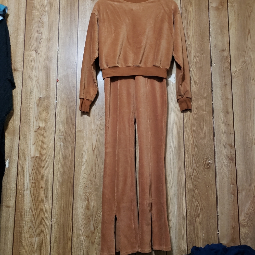 Forever 21 Tracksuit Harvest Gold Size S/XS Velour Long Slv Wide Leg Pants